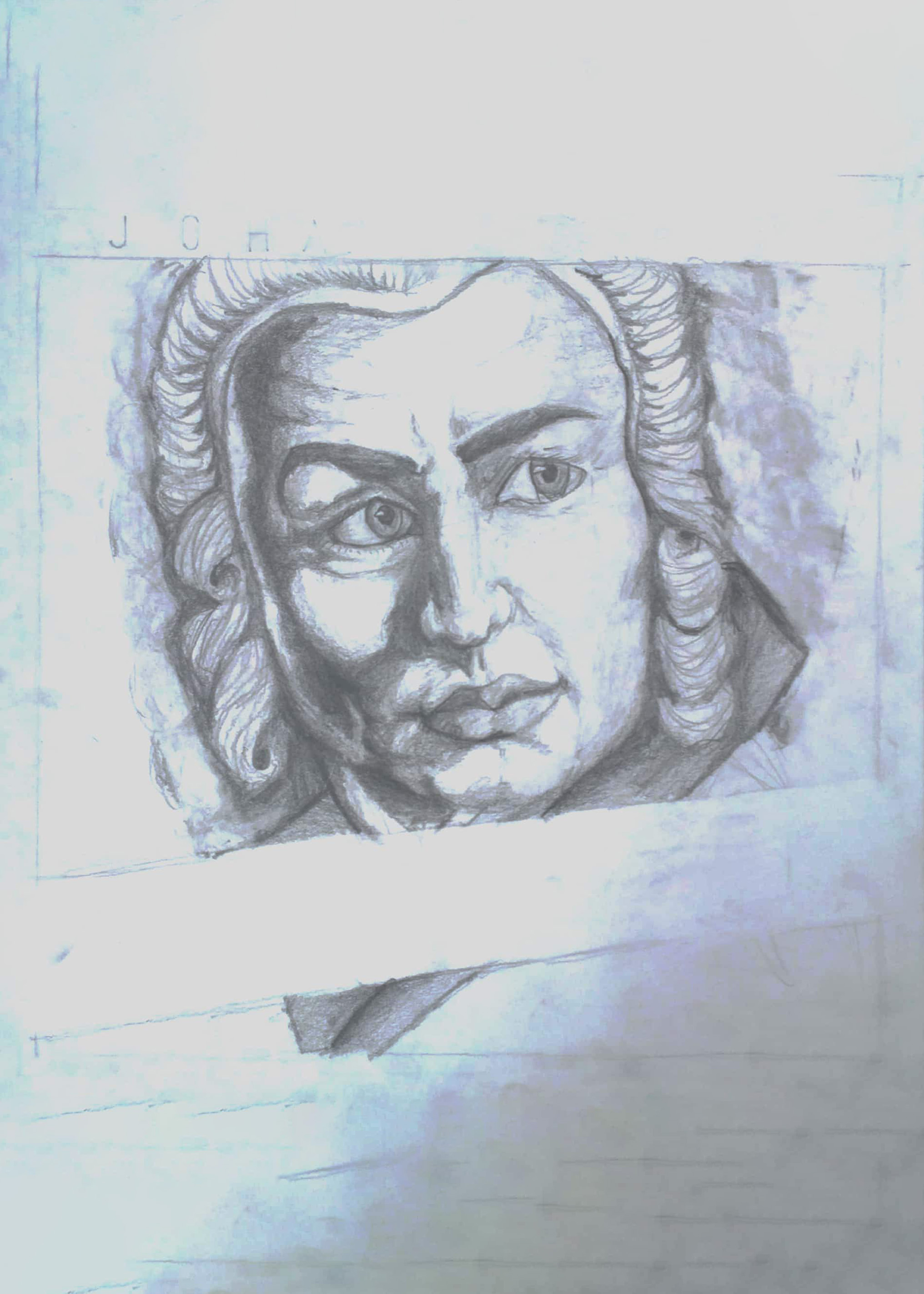 A portrait of Bach modeled after Justin Bieber's 'Believe' album cover.
