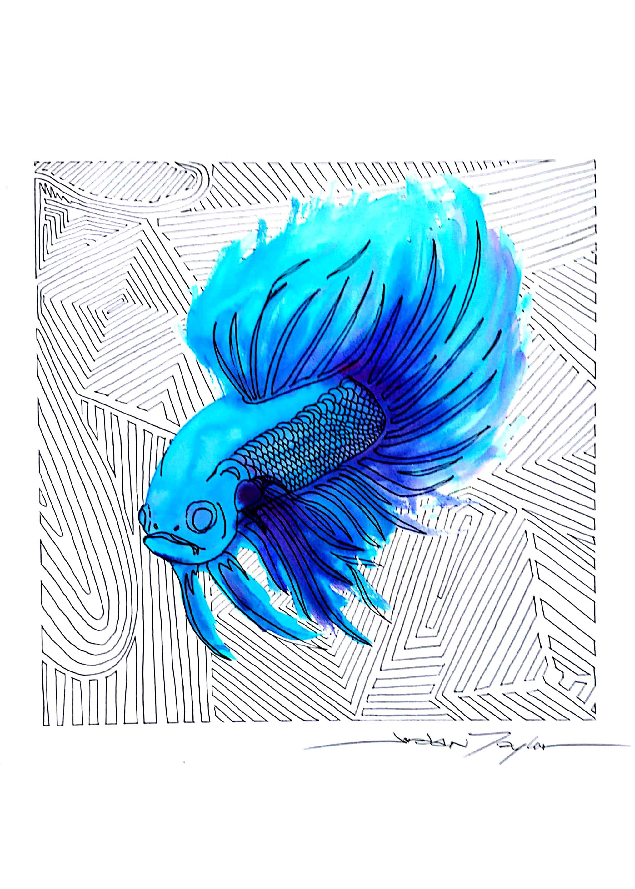 A watercolor blue betta fish with abstract lines.