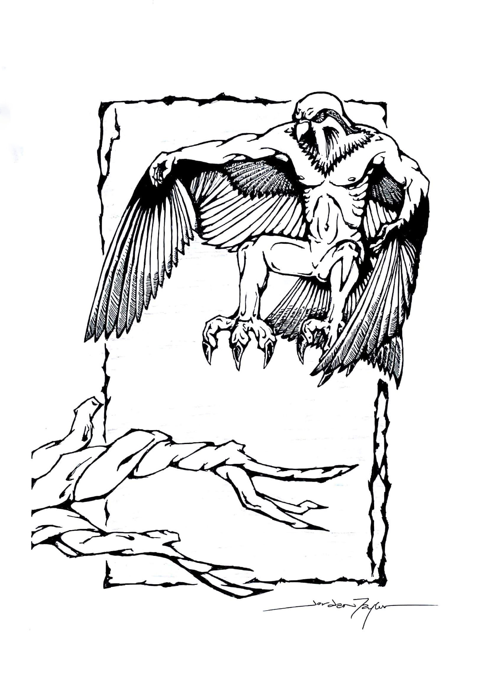 A man's torso with a falcon's head, wings, talons, and tail.