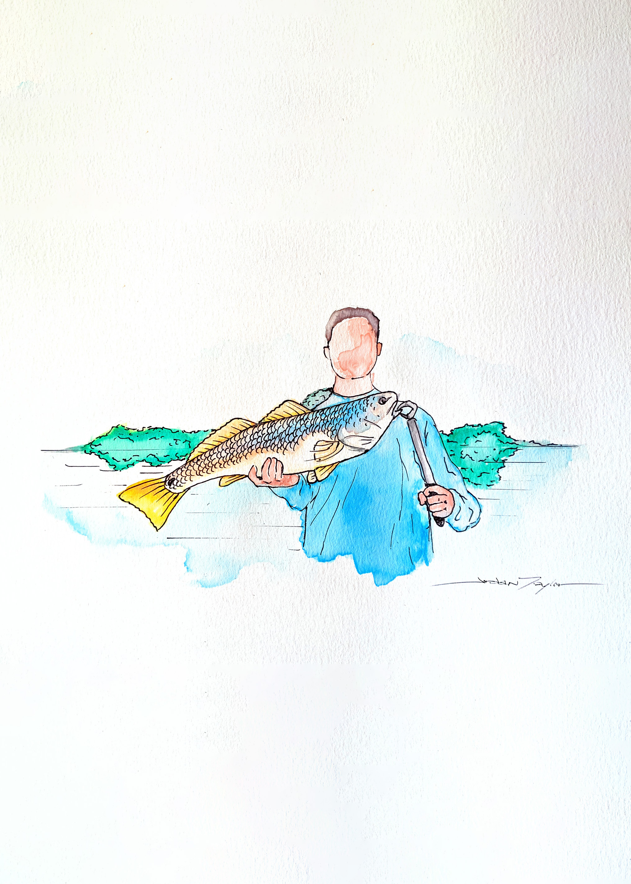 A watercolor of a faceless man holding a red drum fish
