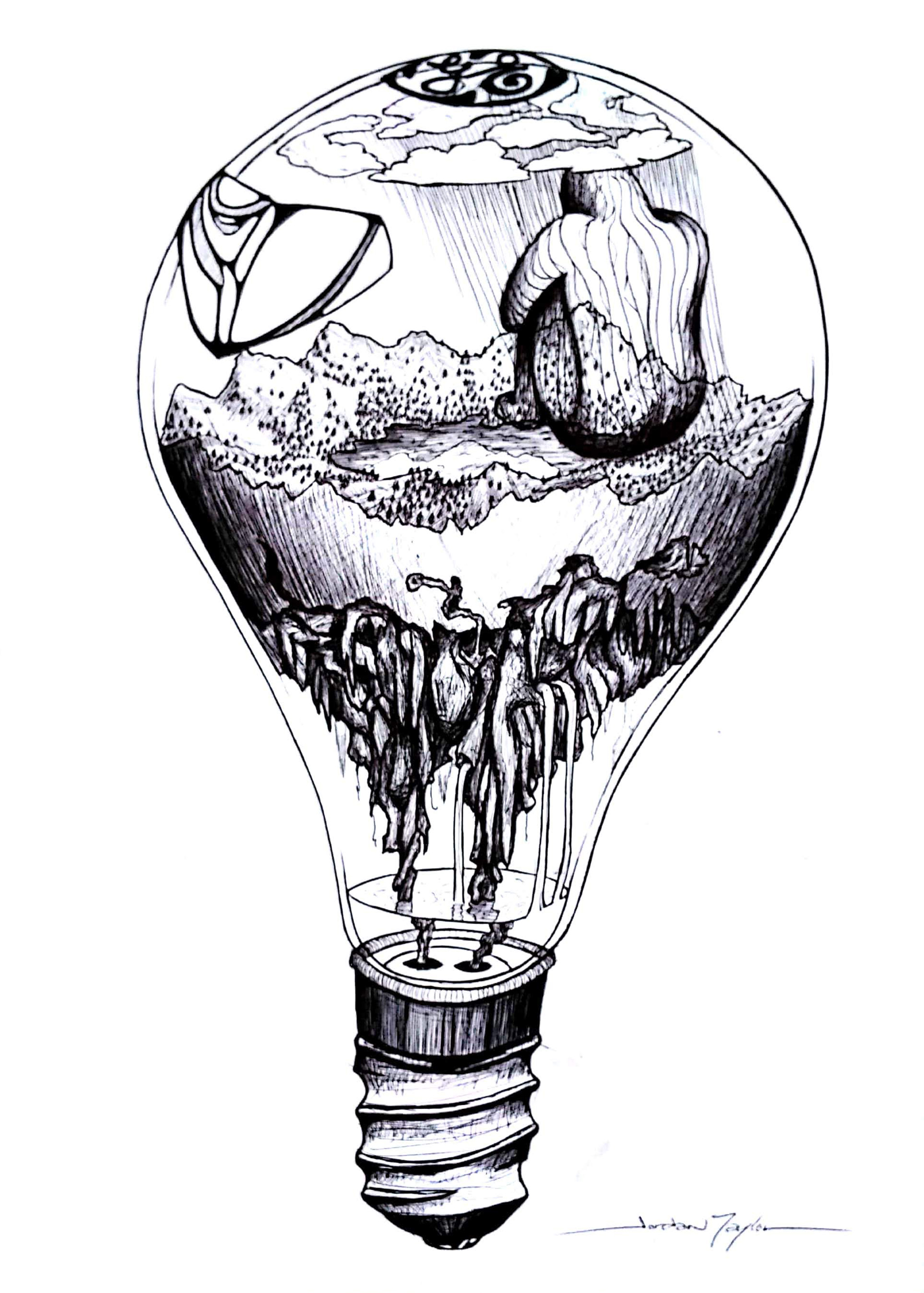 A large light bulb containing a shadow sulking in the rain of a tiny world.