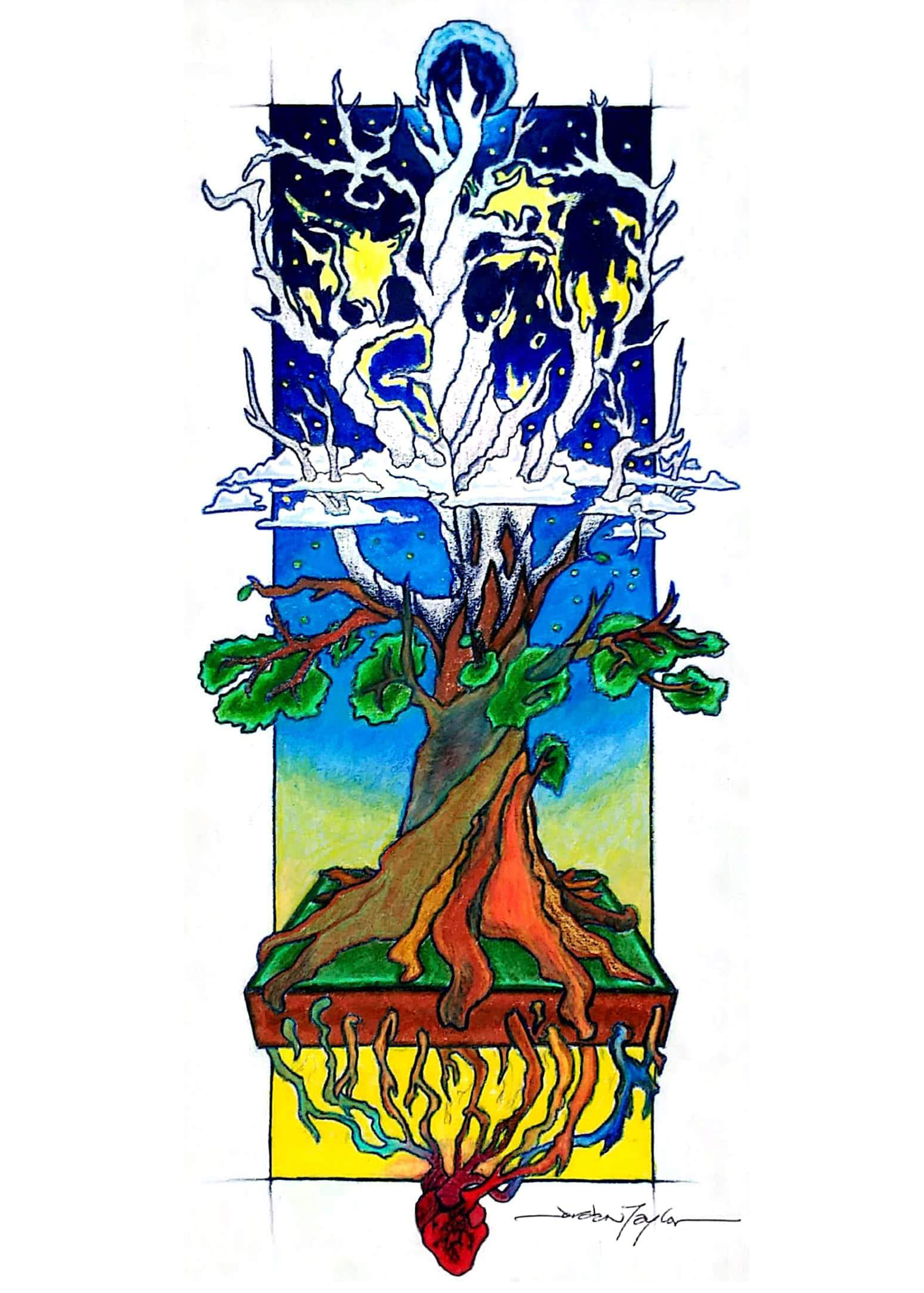 A tree growing from a heart with many colors up to barren branches against the night sky.