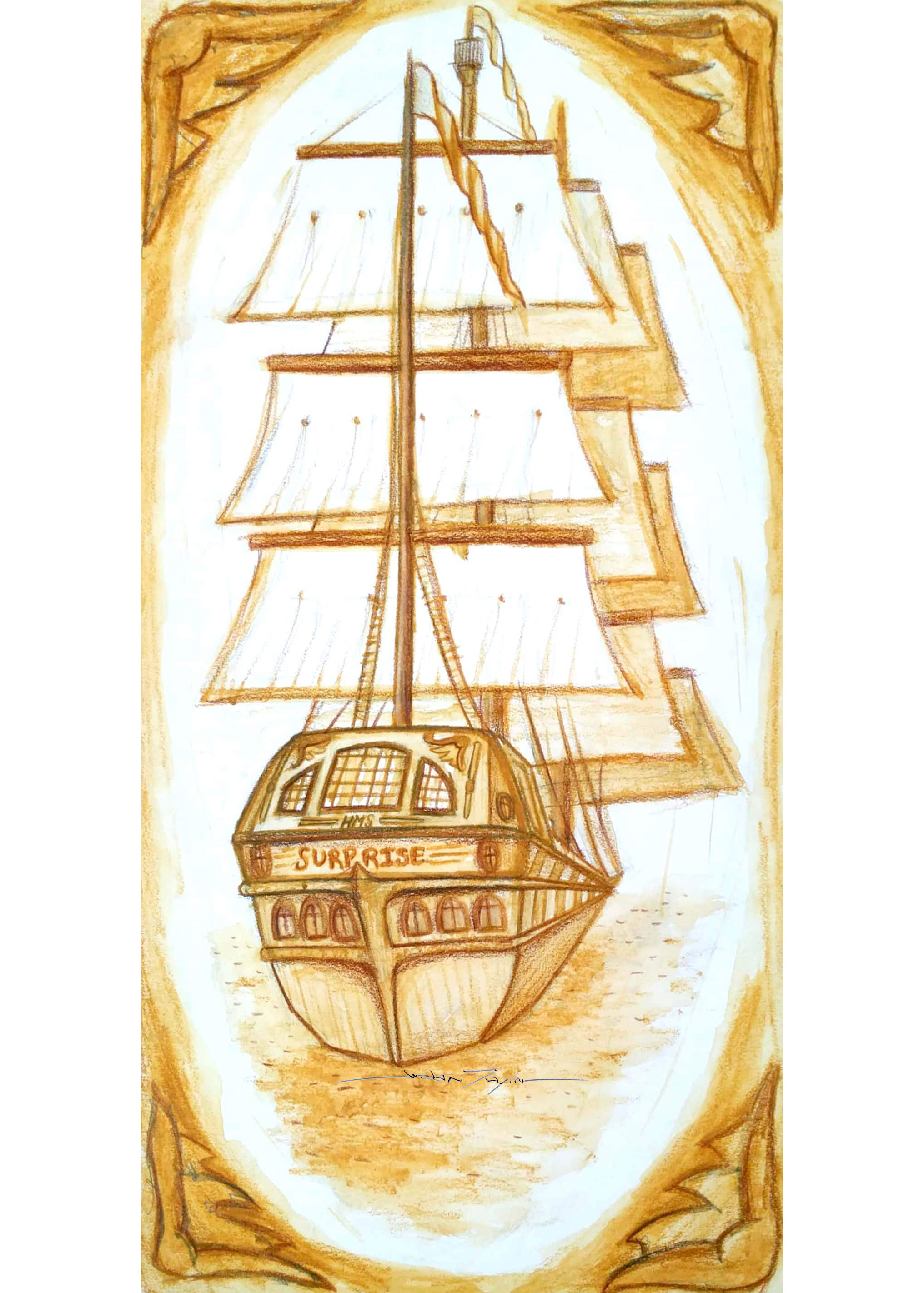 An 18th century ship named 'Surprise' sailing away.